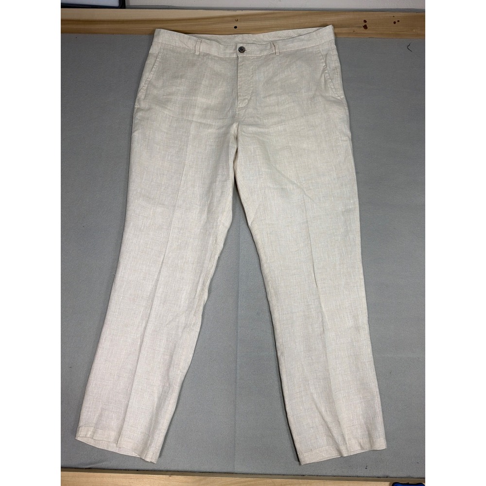 Tasso Elba Island Mens 36x32 Linen Pants Beige Flat Front Straight Leg Trousers
